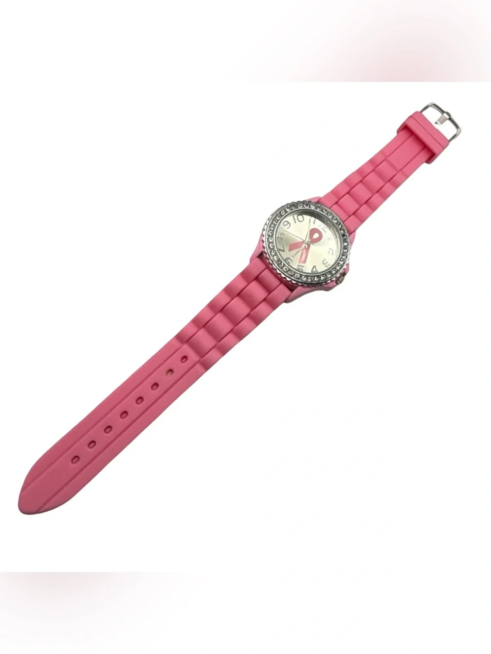Geneva Breast Cancer Awareness Pink Ribbon Watch Crystal Bezel Silicone Band